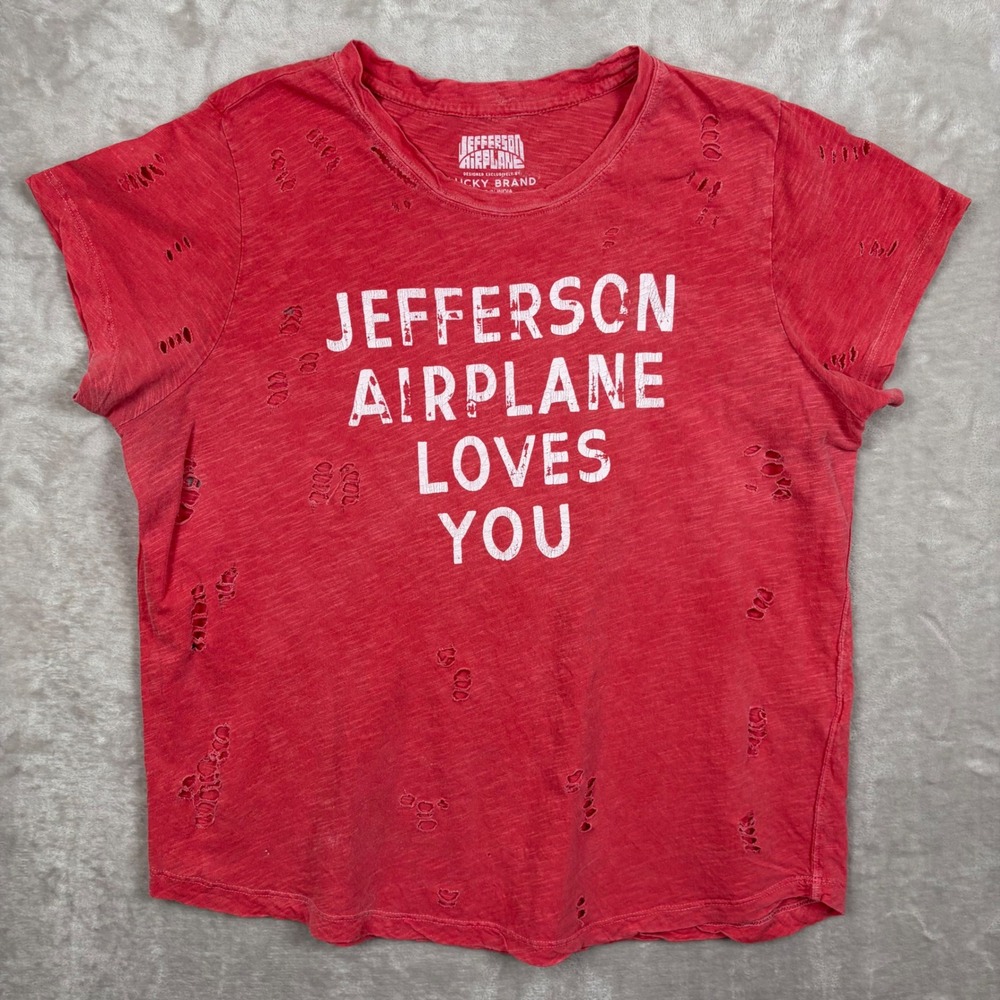 Lucky Brand Jefferson Airplane Loves You Distressed Tee Red Womens XL Grunge